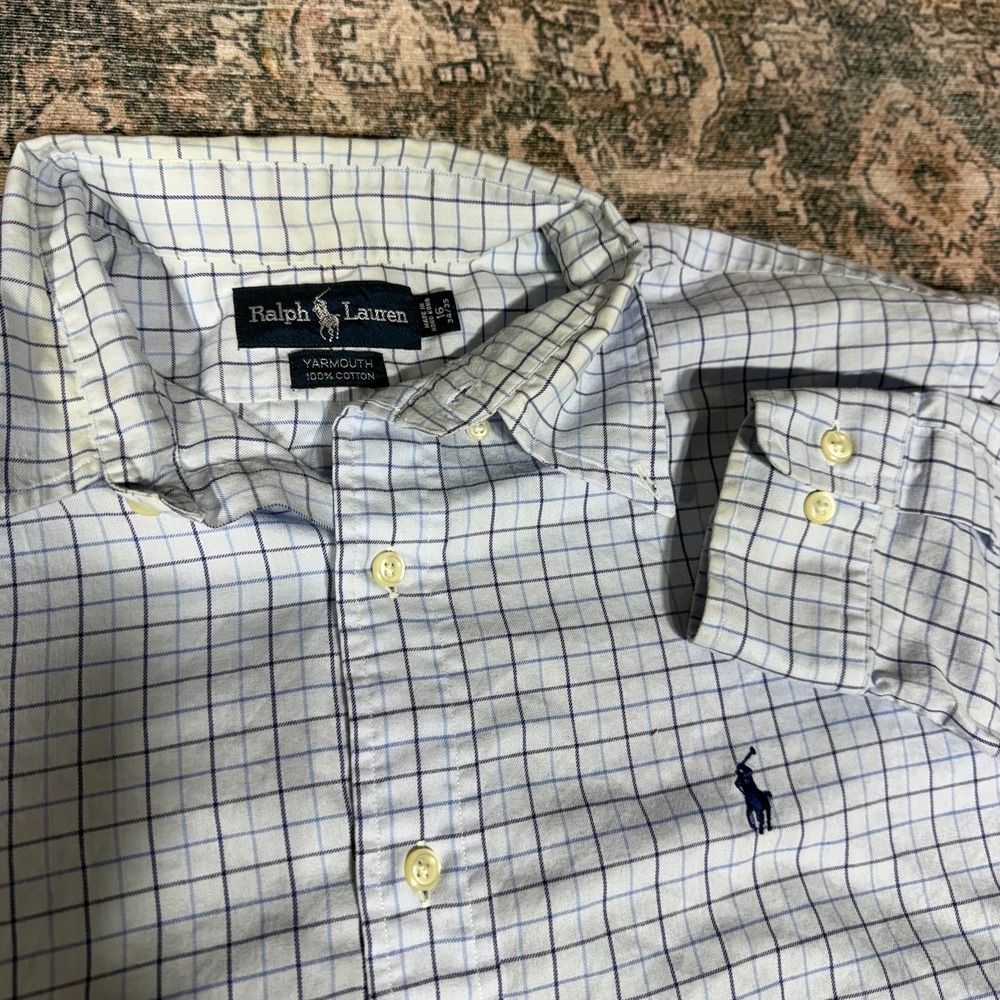 Ralph Lauren Yarmouth Dress Shirt Men's 16 White Plaid Cotton Button Down Formal